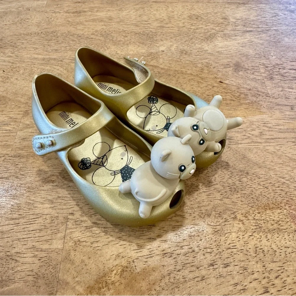Mini Melissa Mary Jane Flats Shoes Girls 7 Gold Cats Jelly Casual Whimsical